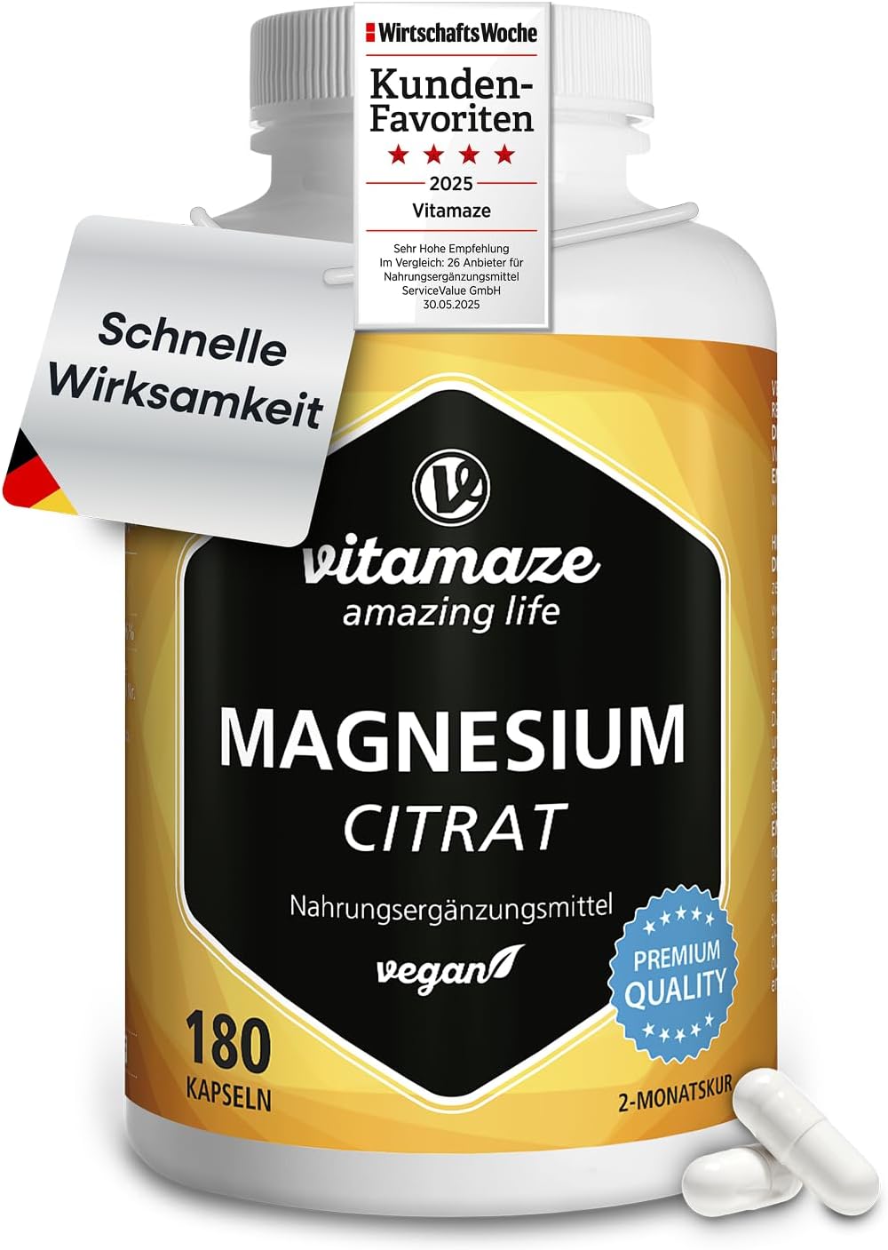Magnesium 400 mg – Magnesium Citrate Capsules High Dose & Vegan, 2250 mg of which 360 mg Elementary Magnesium per Daily Dose, 180 Capsules for 2 Months, Natural Supplement without Additives, Made in Germany