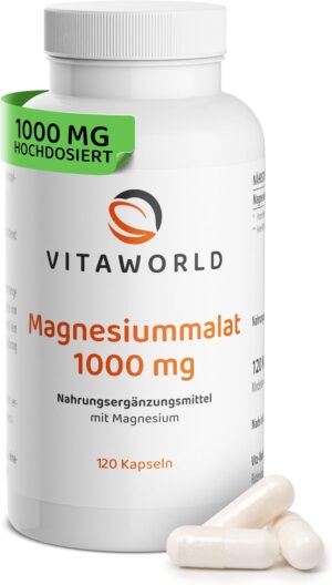Magnesium 400 mg – Vitaworld Magnesium Malate Capsules High Dose 1000 mg per Day (120 Vegan Capsules) High Bioavailability Laboratory Tested No Additives and Genetic Engineering Lactose and Gluten Free