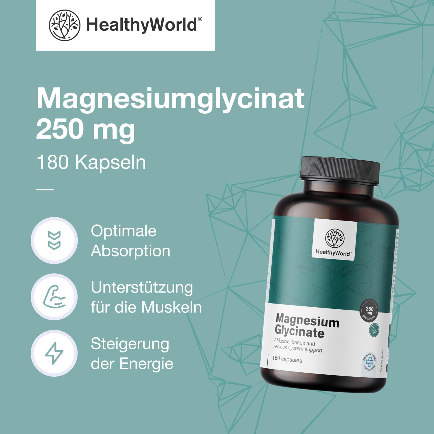 Magnesium 250 mg – Magnesium Glycinate 250 mg - 180 Plant Capsules - For More Energy and Muscle Support - Training, Fitness and Immune System - 125 mg Magnesium per Capsule - 3 Month Supply – Bild 3