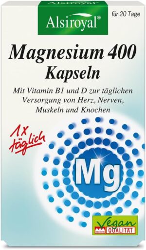 Magnesium Komplex mit B6 & Zink – Alsiroyal Magnesium 400 (20 Capsules) - Magnesium Complex High Dose with Vitamin B1 & D for Daily Supply of Heart, Nerves, Muscles & Bones - Dietary Supplement - Vegan & Sugar-Free