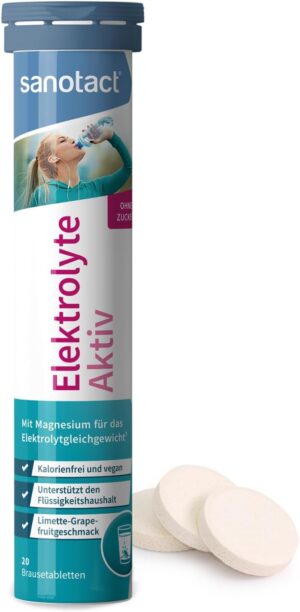 Schlaf-Magnesium mit Melatonin – Natürlich einschlafen & durchschlafen – sanotact Elektrolyte Aktiv - 20 Brausetabletten Elektrolyt Mit Magnesium, Natrium, Kalium Kalorienfrei, zuckerfrei, vegan Limetten-Grapefruit-Geschmack