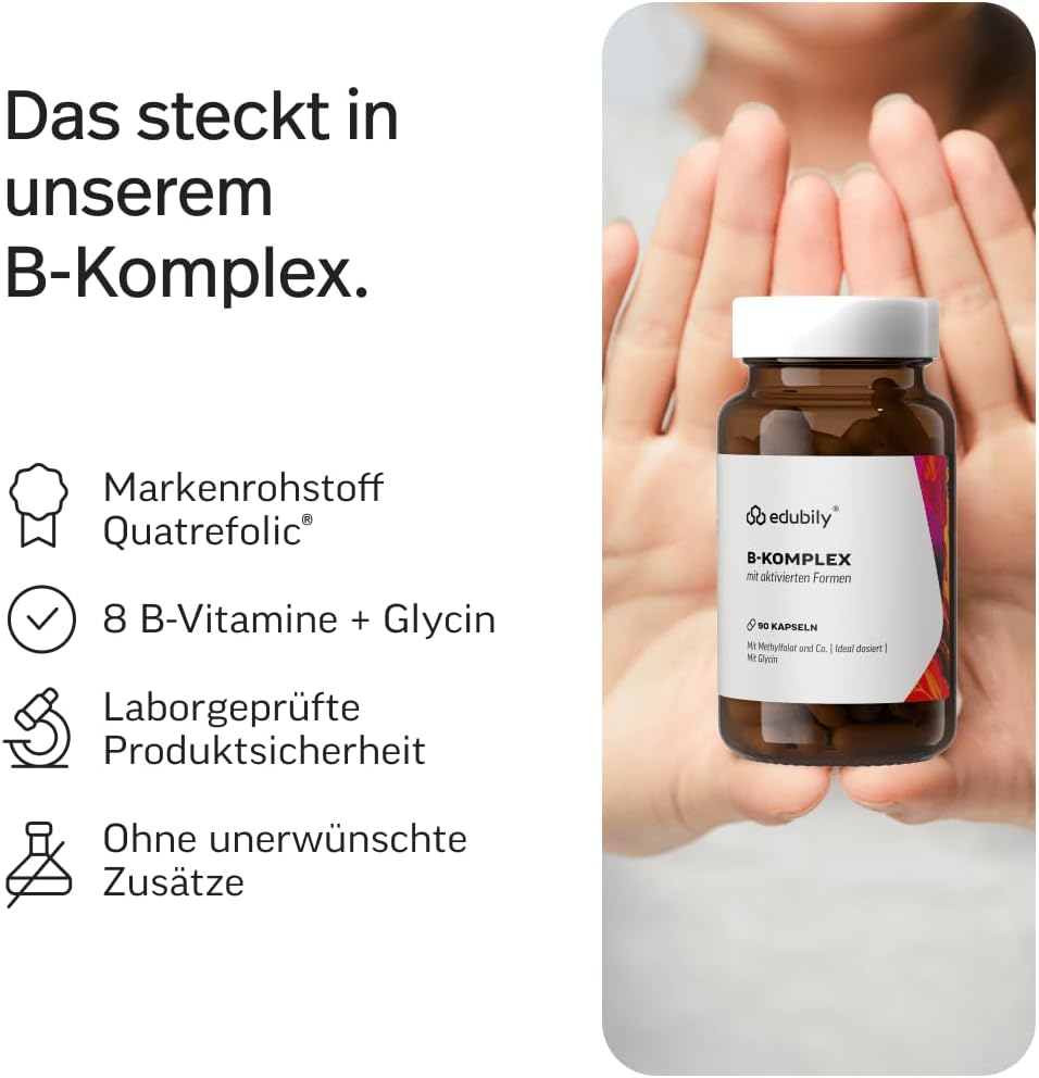 Magnesium Komplex mit B6 & Zink – edubily nutrition® Vitamin B Complex. With Hydroxocobalamin and Methylcobalamin Complex (Both B12), Methyl Folate, Niacin, Pantothenic Acid, Biotin, B1, B2 & B6. 90 Capsules in Brown Glass – Bild 6