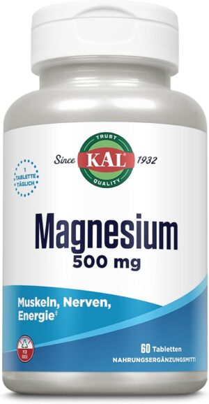 Magnesium 600 mg – KAL Magnesium, 500 mg, 60 tablets, laboratory tested, dietary supplement with L-arginine and L-glutamine, energy production of the body, healthy function of nerves and muscles