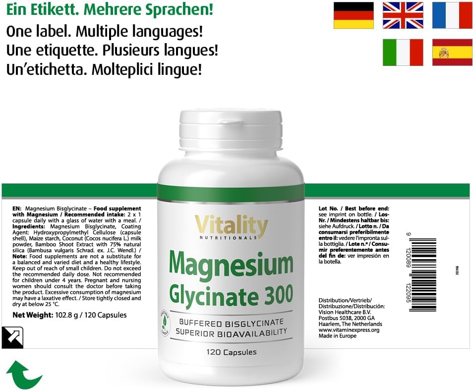Magnesium 250 mg – Magnesium Glycinate High Dose Capsules with 300 mg Bisglycinate per Daily Dose (Pack of 120) Muscles, Bone Dietary Supplement Vitality Nutritionals by VitaminExpress – Bild 2