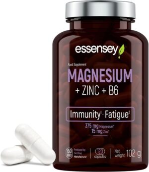 Magnesium Komplex mit B6 & Zink โ ESSENSEY - Magnesium + Zinc + Vitamin B6 Complex I 120 Capsules I High Quality I For Vegetarians I 60 Daily Doses I Easy to Swallow