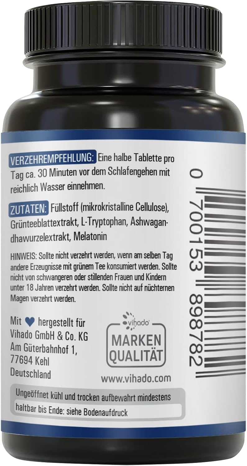 Schlaf-Magnesium mit Melatonin – Natürlich einschlafen & durchschlafen – Vihado Melatonin Tablets High Dose - 370 Nights Forte Complex Vegan - Pure without Additives - Plus L-Theanine, L-Tryptophan, Ashwagandha, 185 Tablets, Melatonin, 1 – Bild 3