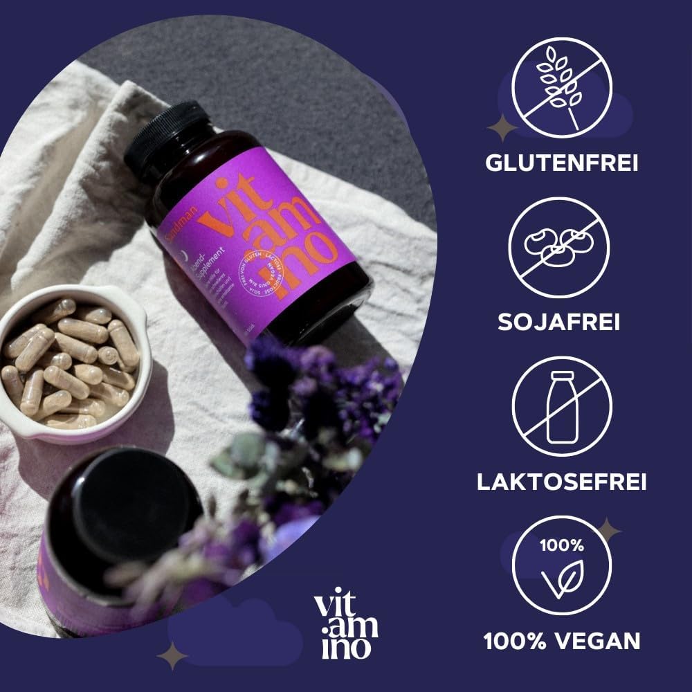 Schlaf-Magnesium mit Melatonin – Natürlich einschlafen & durchschlafen – Vitamino Sandman Melatonin Capsules High Dose with Ashwagandha, GABA, Magnesium and Plant Extracts, for a Deep and Restful Sleep, Vegan, Gluten-Free, Lactose-free - 120 Capsules – Bild 4