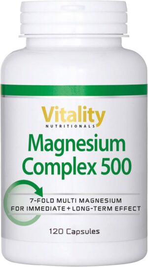 Magnesium Komplex mit B6 & Zink – Magnesium 500 Complex of 7 Different Magnesium Compounds Citrate, Glycinate, Taurate, Gluconate, Oxide, Ascorbate, Malate (120 Capsules) Magnesium High Dose Vitality Nutritionals by VitaminExpress