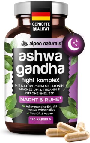 Schlaf-Magnesium mit Melatonin – Natürlich einschlafen & durchschlafen – Ashwagandha Complex Night Formula - 120 Capsules with Ashwagandha, Sour Cherry, Magnesium, Lemon Balm & Green Tea - Vegan & Laboratory Tested - Made in Germany
