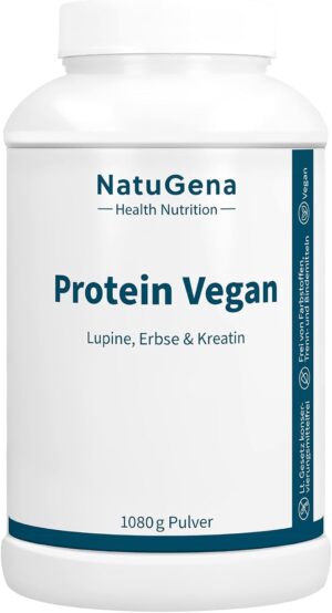 Magnesium Komplex mit B6 & Zink – NatuGena Protein Vegan, Vegetable Protein Powder with Pea & Lupine Protein, Creatine, L-Carnitine, Glycine, Magnesium, Zinc & Vitamin B Complex, 1080 g Powder (24 Day Pack)