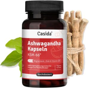 Magnesium 600 mg – Casida Ashwagandha Capsules KSM-66 Plus Magnesium, Zinc and Vitamin B6 - Support of Energy & Nerves ¹²³ - Vegan & Laboratory Tested - 90 Capsules