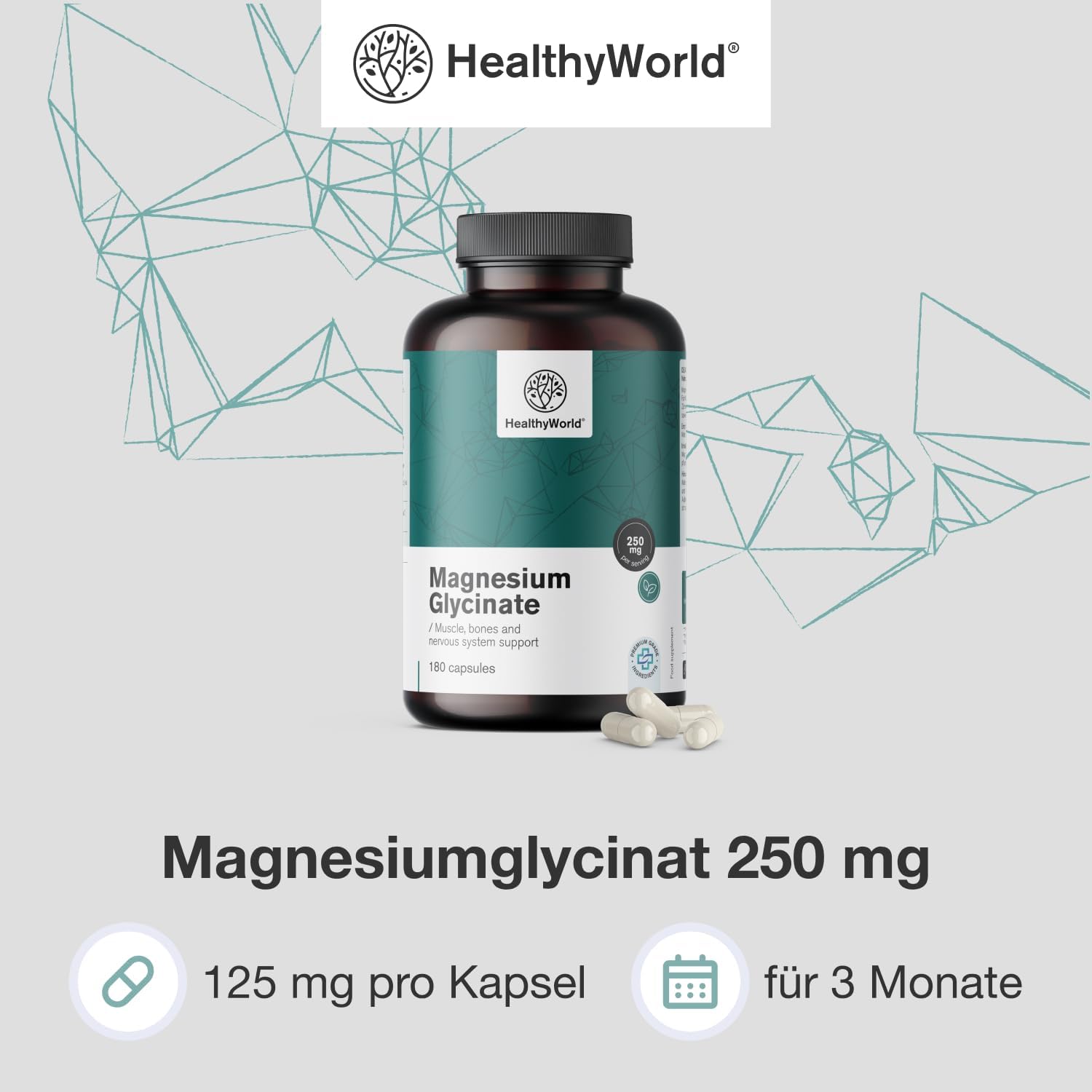Magnesium 250 mg – Magnesium Glycinate 250 mg - 180 Plant Capsules - For More Energy and Muscle Support - Training, Fitness and Immune System - 125 mg Magnesium per Capsule - 3 Month Supply – Bild 4