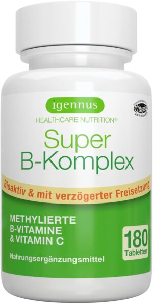Magnesium Komplex mit B6 & Zink โ Igennus Super B Complex - Methylated B-Vitamin Complex, 180 Tablets, Clean Label with Methylcobalamin, Methylfolate Plus Vitamin C, High Dose, Vegan