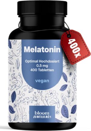 Schlaf-Magnesium mit Melatonin – Natürlich einschlafen & durchschlafen – Melatonin Tablets – Pack of 400 with 0.5 mg Melatonin per Tablet, High Dose – Vegan and Produced in Germany – Packaging May Vary