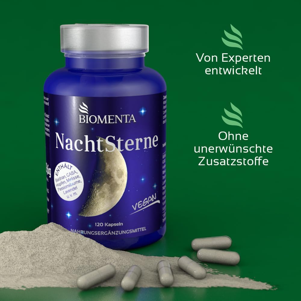 Schlaf-Magnesium mit Melatonin – Natürlich einschlafen & durchschlafen – BIOMENTA Gute Nacht 120 strong sleeping tablets without prescription as a Vegan sleeping product for approx. 45 days Valerian high dosage + Hops + Melissa + Passion Flower + Lavender + Gaba And Much More – Bild 6