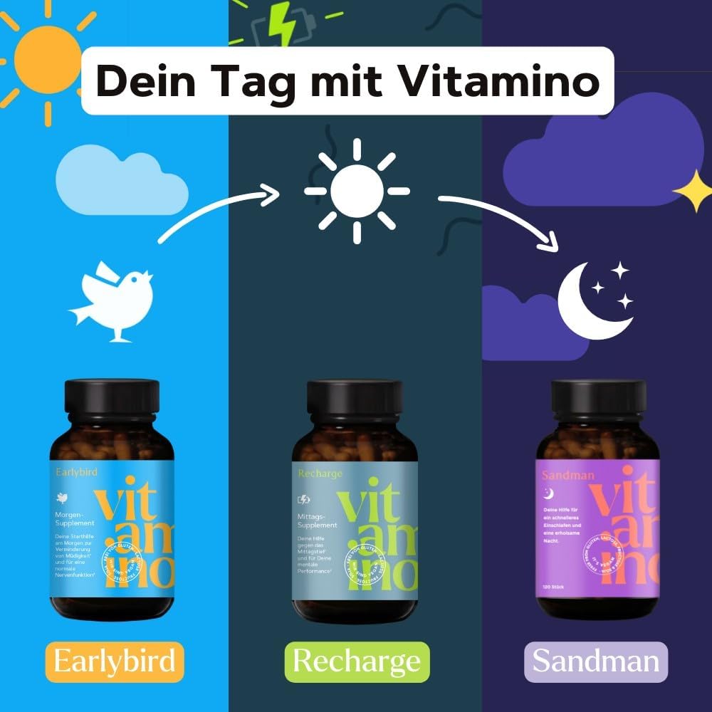 Schlaf-Magnesium mit Melatonin – Natürlich einschlafen & durchschlafen – Vitamino Sandman Melatonin Capsules High Dose with Ashwagandha, GABA, Magnesium and Plant Extracts, for a Deep and Restful Sleep, Vegan, Gluten-Free, Lactose-free - 120 Capsules – Bild 7