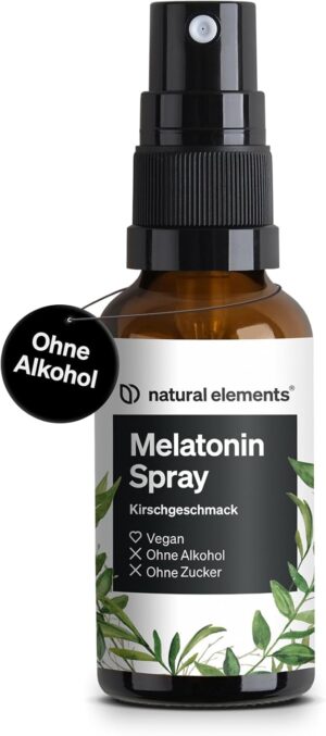 Schlaf-Magnesium mit Melatonin – Natürlich einschlafen & durchschlafen – natural elements Melatonin Spray Cherry - 0.5 mg Melatonin per Daily Dose - Sugar Free - with Vitamin B1 and B6 - 30 ml, Vegan, Produced in Germany
