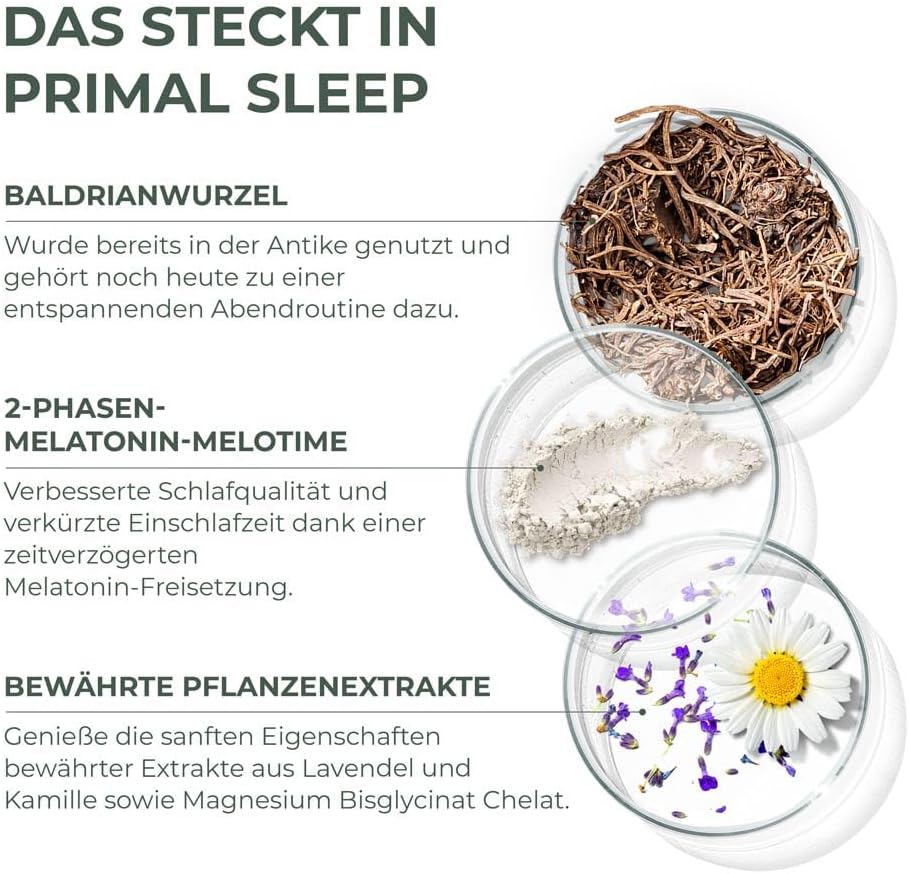 Schlaf-Magnesium mit Melatonin – Natürlich einschlafen & durchschlafen – Primal Harvest® Schlaf Gut Capsules (Pack of 60) - Natural Blend with Apigenin, L-Tryptophan, Chamomile and Valerian - Herbal Blend as Melatonin Alternative - Made in Germany – Bild 6