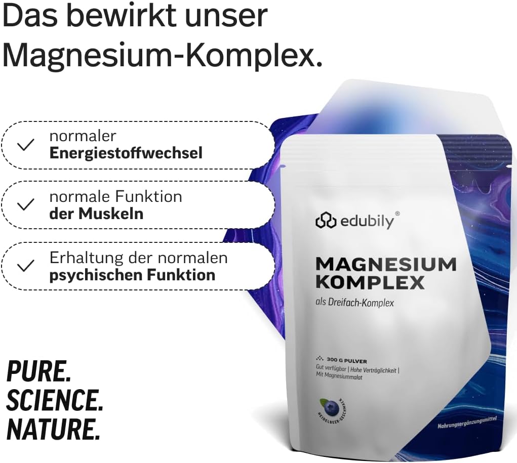 Magnesium Komplex mit B6 & Zink – edubily nutrition® Magnesium Complex Powder with Magnesium Glycinate, Citrate & Carbonate, No Magnesium Stearate, with Vitamin B6, Vegan (300 g Powder) (Blueberry) – Bild 3