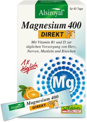 Magnesium Komplex mit B6 & Zink – Alsiroyal Magnesium 400 Direct Orange - Magnesium Complex with Vitamin B1 & D3 for Daily Supply of Heart, Nerves, Muscles & Bones (40 Sticks) - Vegan & No Added Sugar