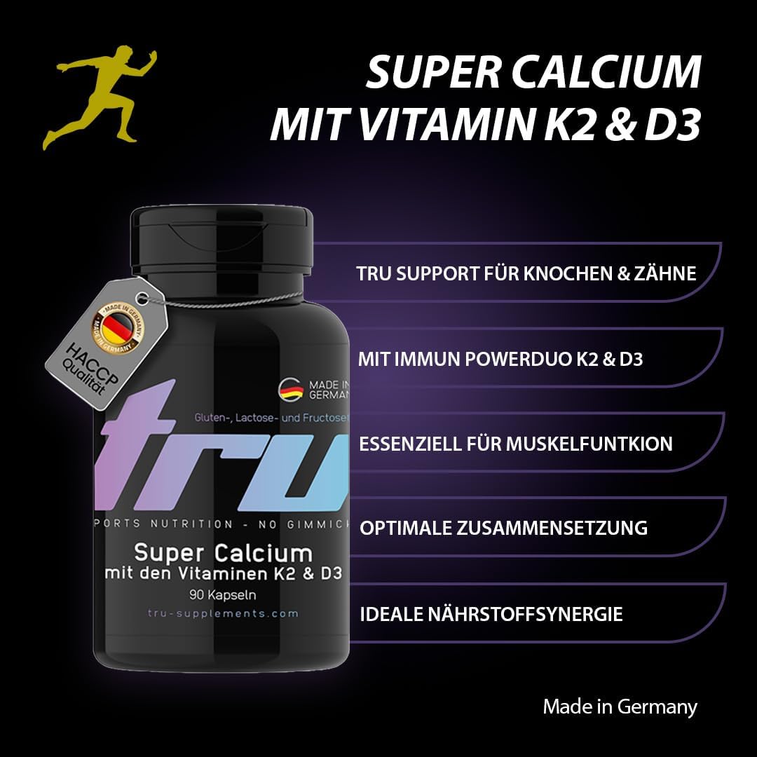 Magnesium Komplex mit B6 & Zink – Super Calcium with Vitamin D3 & K2-90 Capsules - High Dose - *Maintaining Normal Bones - TRU Sports Nutrition - 100% Vegan | Manufacturing & Laboratory Test in Germany – Bild 2