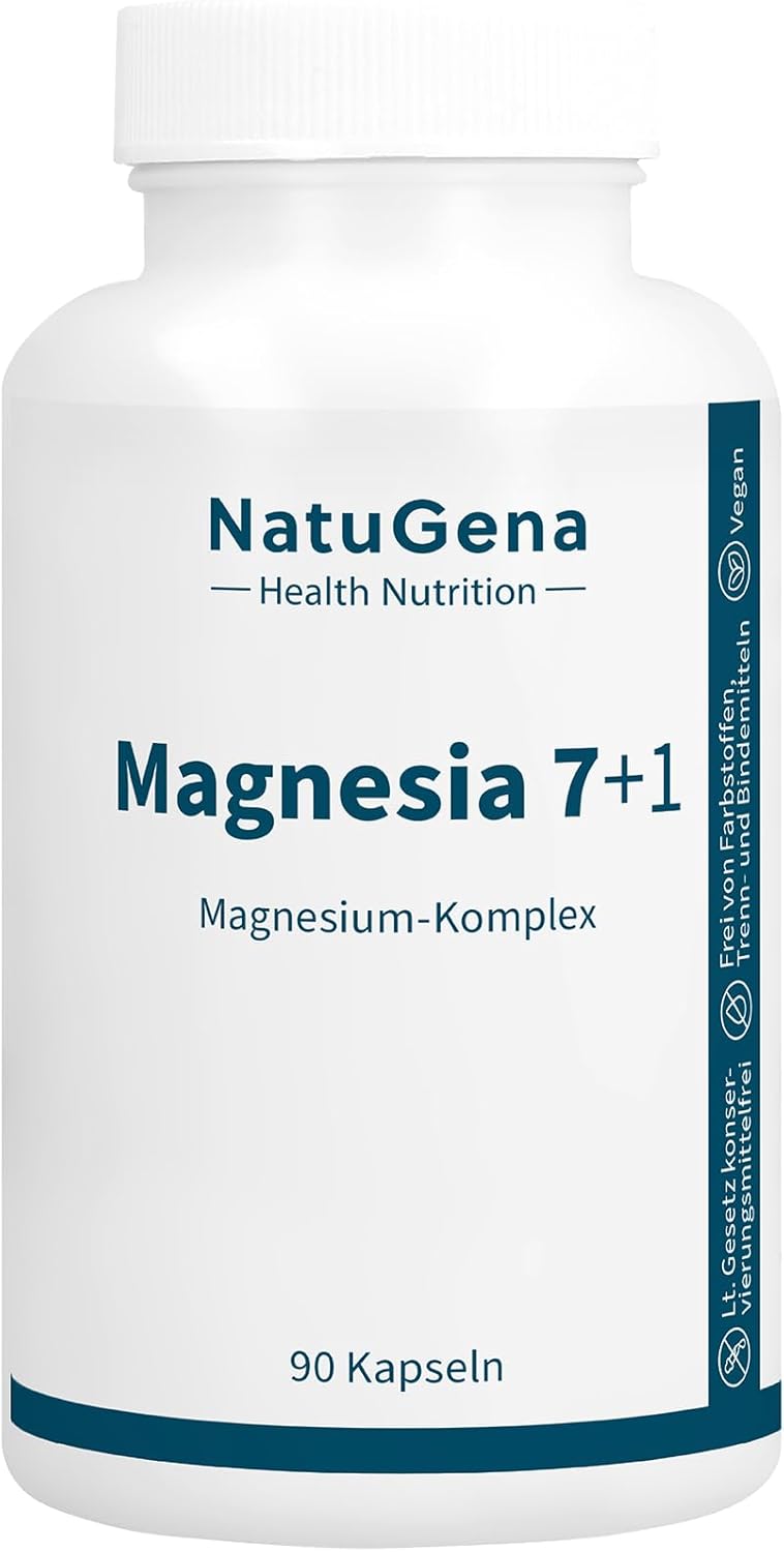 Magnesium Komplex mit B6 & Zink – NatuGena Magnesia 7+1, Magnesium Complex, 8 Different Magnesium Compounds, Electrolyte Balance, 90 Capsules (30 Day Pack)