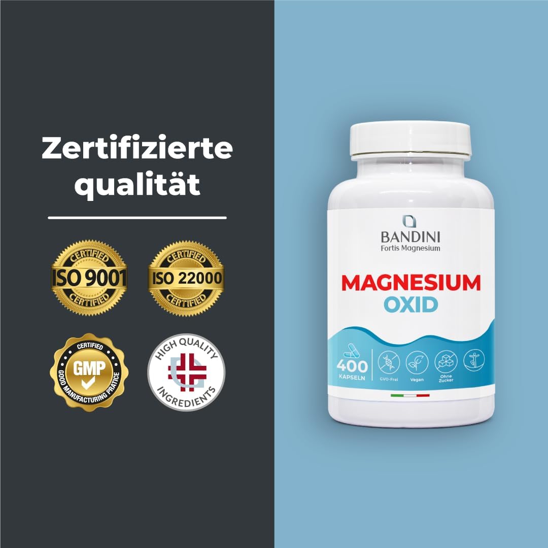 Magnesium 600 mg – Bandini® Magnesium Oxide 400 Capsules (+1 Year), Magnesium High Dose 664 mg (of which 400 mg Elementary Magnesium) per Capsule, Energy Booster, Fights Fatigue, Supports Muscles and Bones, Vegan – Bild 7