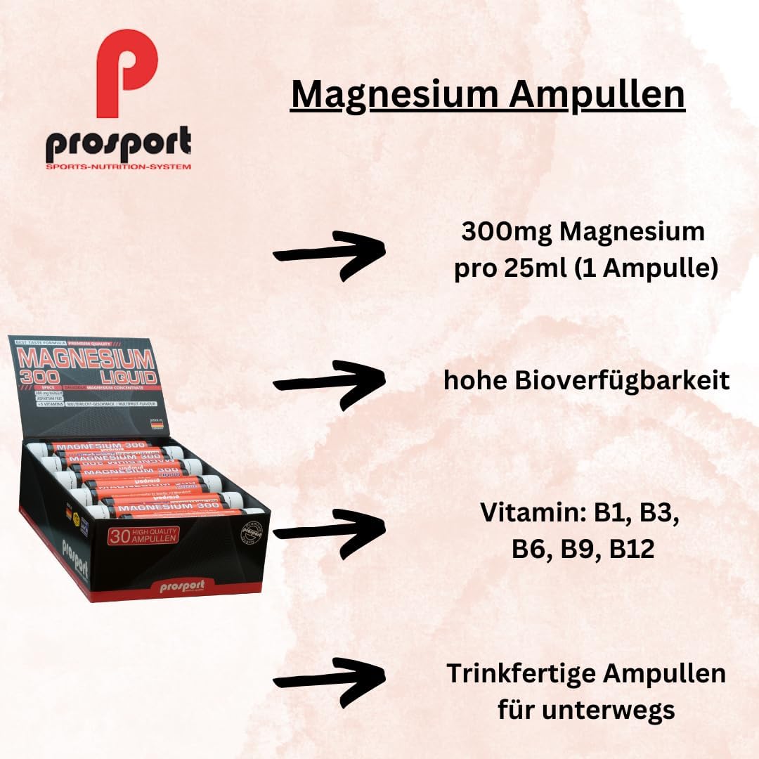 Magnesium Komplex mit B6 & Zink – Prosport Magnesium Liquid Drinking Ampoules 30 x 25 ml - Dietary Supplement High Dose with 300 mg Magnesium per Serving, 5 B Vitamins - Multi-Fruit Flavour - Ready to Drink Shot – Bild 2