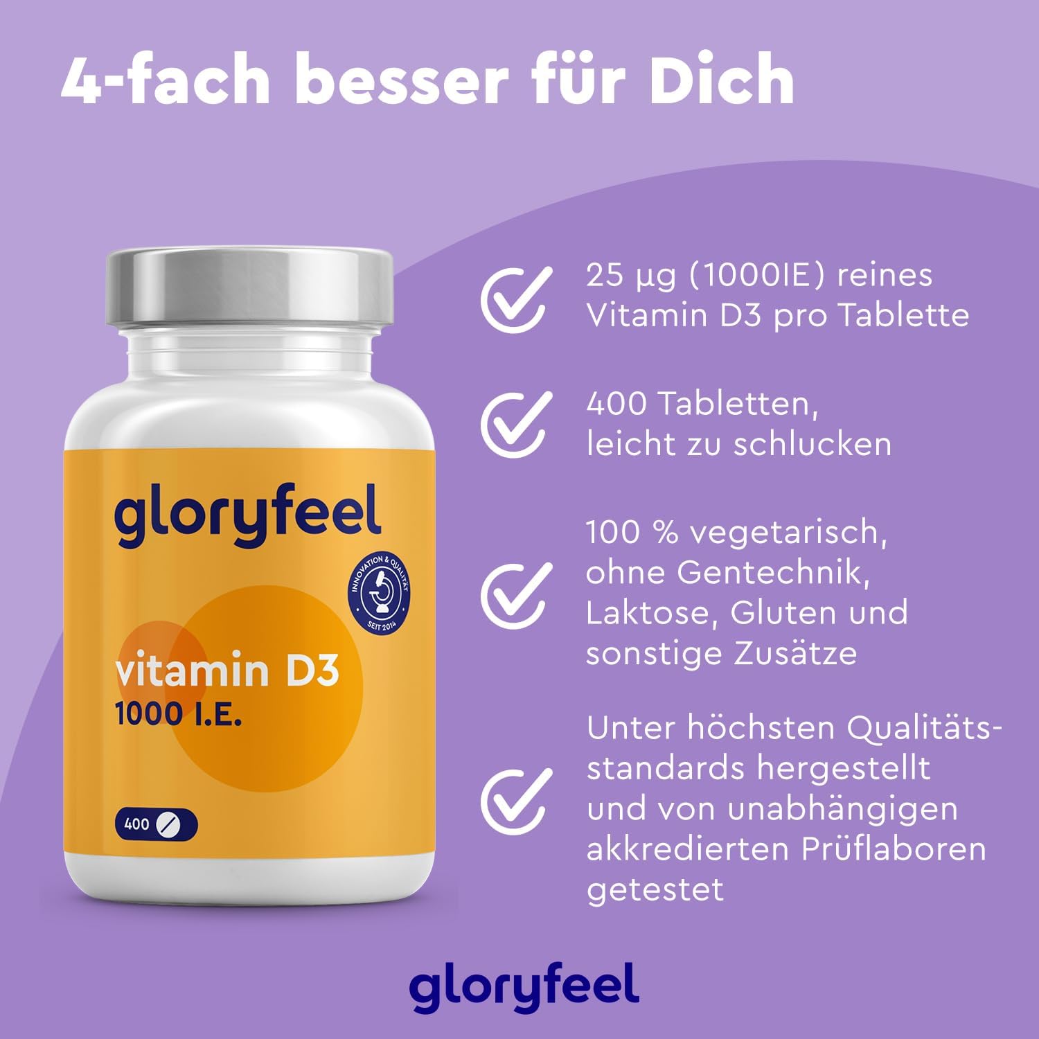 Magnesium 600 mg – Vitamin D Sun Vitamin - 400 Tablets (13 Months) - Laboratory Tested 1000 IU Vitamin D3 Per Tablet - Supports Bones, Teeth, Muscles and Immune System* - No Additives Made in Germany – Bild 4