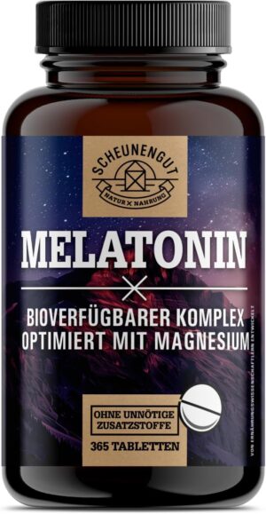 Schlaf-Magnesium mit Melatonin – Natürlich einschlafen & durchschlafen – Melatonin Tablets, 365 Pieces, 0.5 mg per 1/2 Tablet, Important: 0.5 mg Bioactive Melatonin, High Dose, 1/2 Tablet each, Optimal Sleep Complex, Laboratory Tested and Vegan DE SCHEUNENGUT®