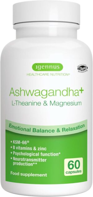 Magnesium Komplex mit B6 & Zink โ Igennus High Dose Ashwagandha Anti-Stress Complex, L-Theanine & Magnesium & KSM-66 Root Extract Adaptogens, Methylated B Vitamins, for Relaxation & Sleep, Clean Label, 60 Vegan Capsules