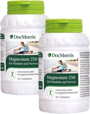 Magnesium 250 mg – DocMorris Magnesium 250 Duo - 2 x 120 Tablets - High Dose Magnesium - For Muscles, Nerves & Energy Metabolism - Dietary Supplement
