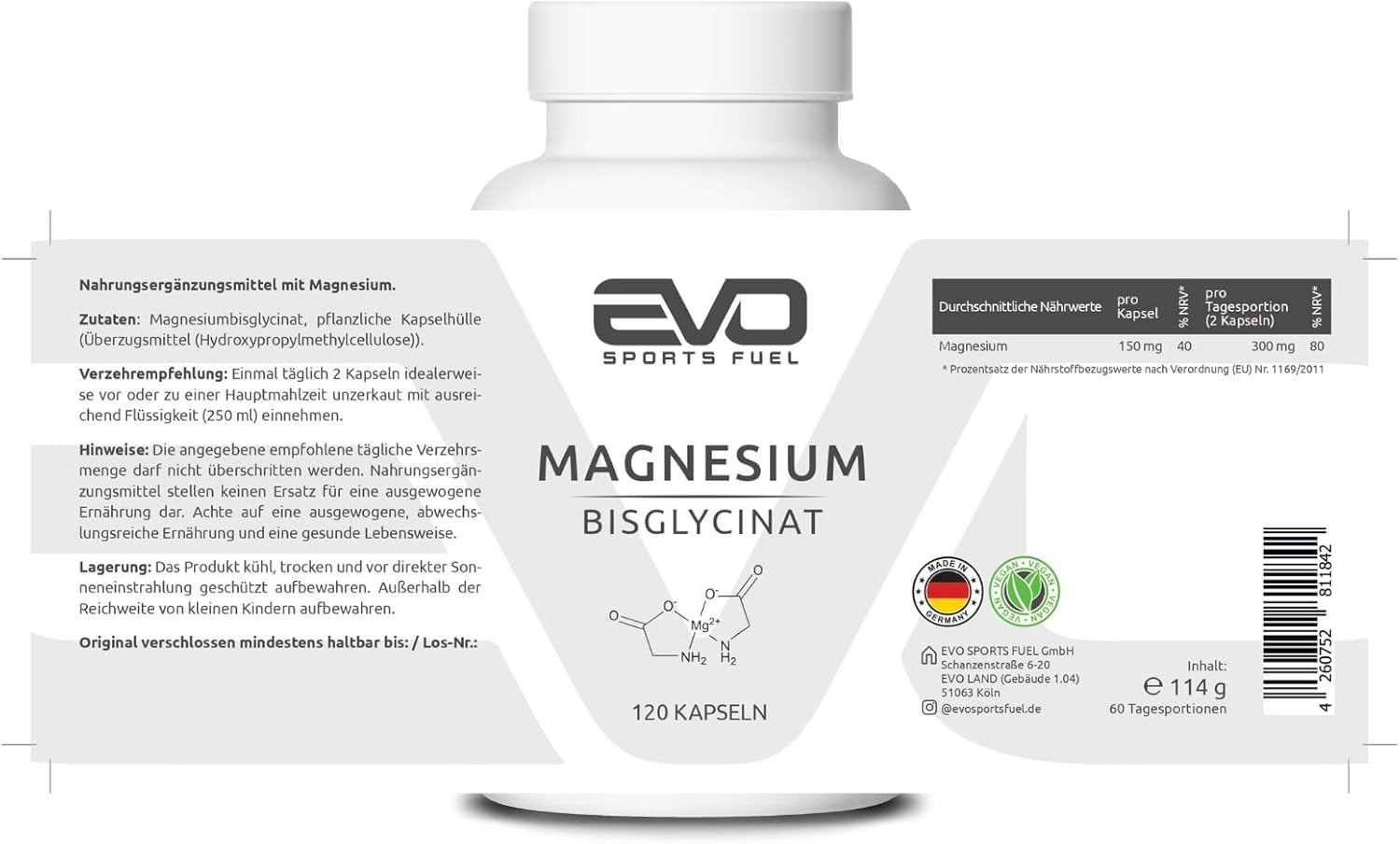 Magnesium 400 mg – Magnesium Bisglycinate - 120 Capsules - High Dose & Bioavailable - 300 mg Magnesium per Daily Serving - 100% Vegan - Tested Quality - Made in Germany – Bild 4