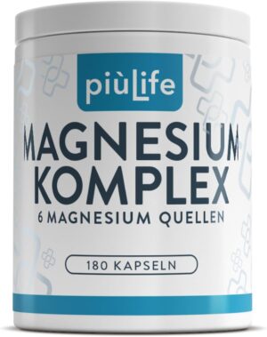 Magnesium Komplex mit B6 & Zink – PiùLife Magnesium Complex High Dose 400 mg - 180 Capsules - 6 Times Magnesium from Organic Compounds: Bisglycinate, Citrate, Pidolatate, Gluconate, Carbonate, Oxide - Vegan, Gluten & Lactose Free
