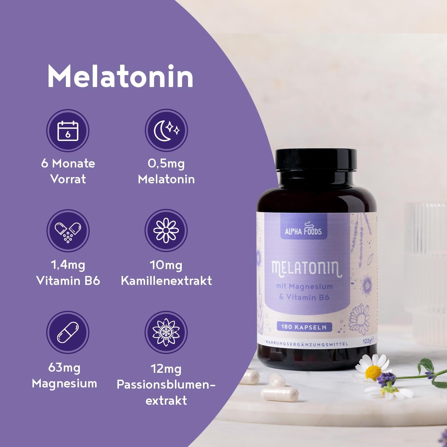 Schlaf-Magnesium mit Melatonin – Natürlich einschlafen & durchschlafen – Melatonin High Dose | 180 Capsules | 0.5 mg per Capsule | With Magnesium, Vitamin B6, Passion Flower & Chamomile | Alternative to Sleep Spray & Sleeping Tablets | 100% Vegan Alpha Foods – Bild 3