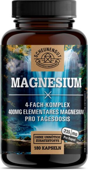 Magnesium 600 mg – Magnesium Complex 1430 mg – Important: Magnesium Bisglycinate as a 4-Way Brand Complex with 1430 mg per Daily Dose (+ 400 mg Element Available) Vegan and Laboratory Tested DE SCHEUNENGUT®