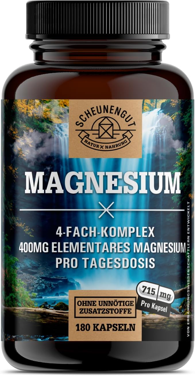 Magnesium 600 mg – Magnesium Complex 1430 mg – Important: Magnesium Bisglycinate as a 4-Way Brand Complex with 1430 mg per Daily Dose (+ 400 mg Element Available) Vegan and Laboratory Tested DE SCHEUNENGUT®