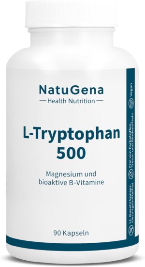 Magnesium Komplex mit B6 & Zink – NatuGena L-Tryptophan 500 mg, Magnesium, Magnesium Bisglycinate, Bioactive B Vitamins (B1, B6), Essential Amino Acid, 90 Capsules (3 Month Pack)