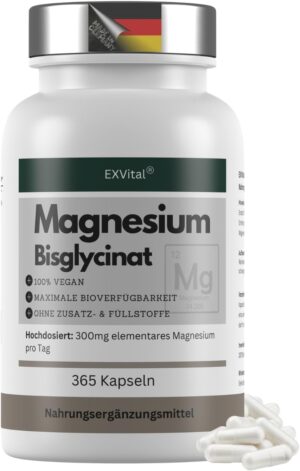 Magnesium 600 mg – Magnesium Bisglycinate, 365 Vegan Capsules - 300 mg Elementary Magnesium per Daily Dose, Magnesium Glycinate, High Dose & No Additives