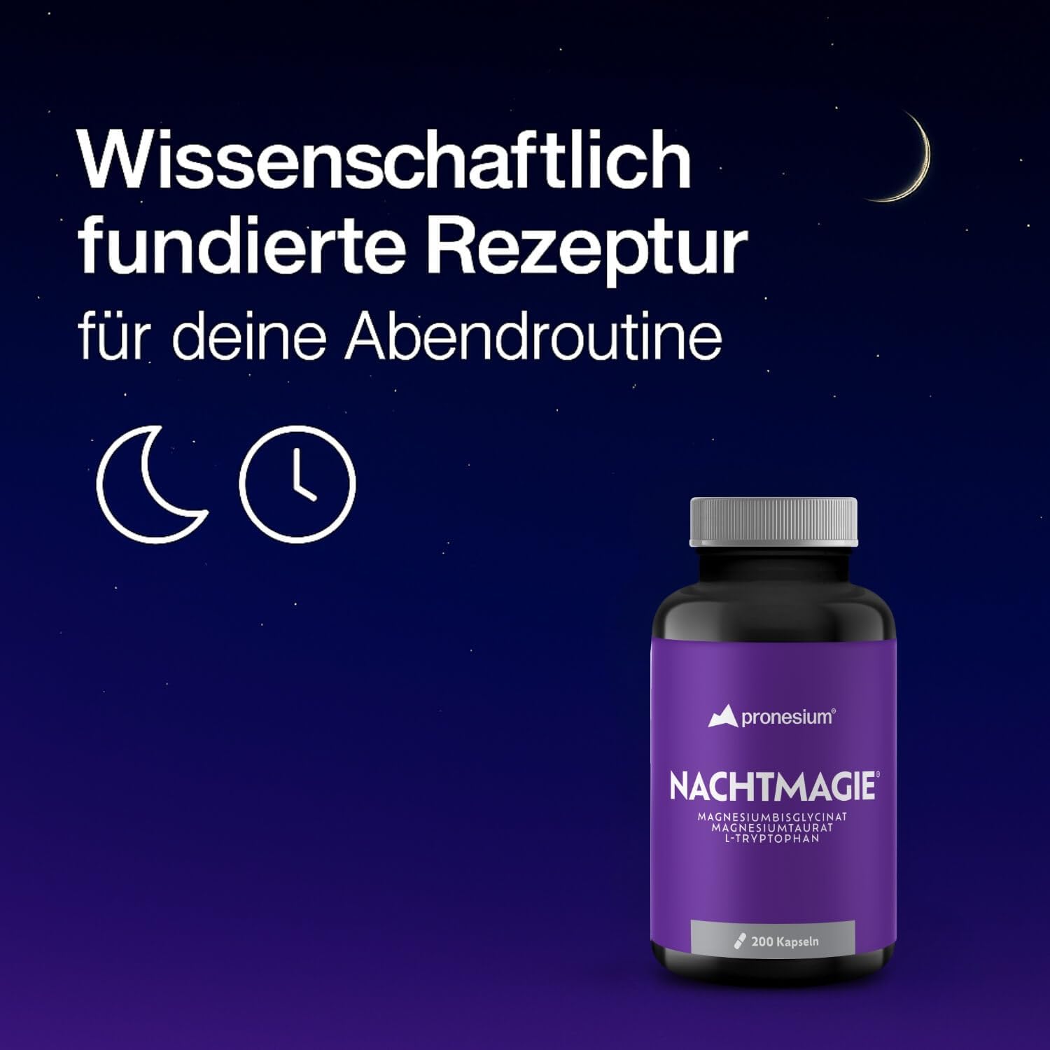 Schlaf-Magnesium mit Melatonin – Natürlich einschlafen & durchschlafen – NACHTMAGIE capsules for your evening routine - with magnesium glycinate, magnesium taurate and L-tryptophan - hormone-free: safe for long-term use (200 capsules) – Bild 3