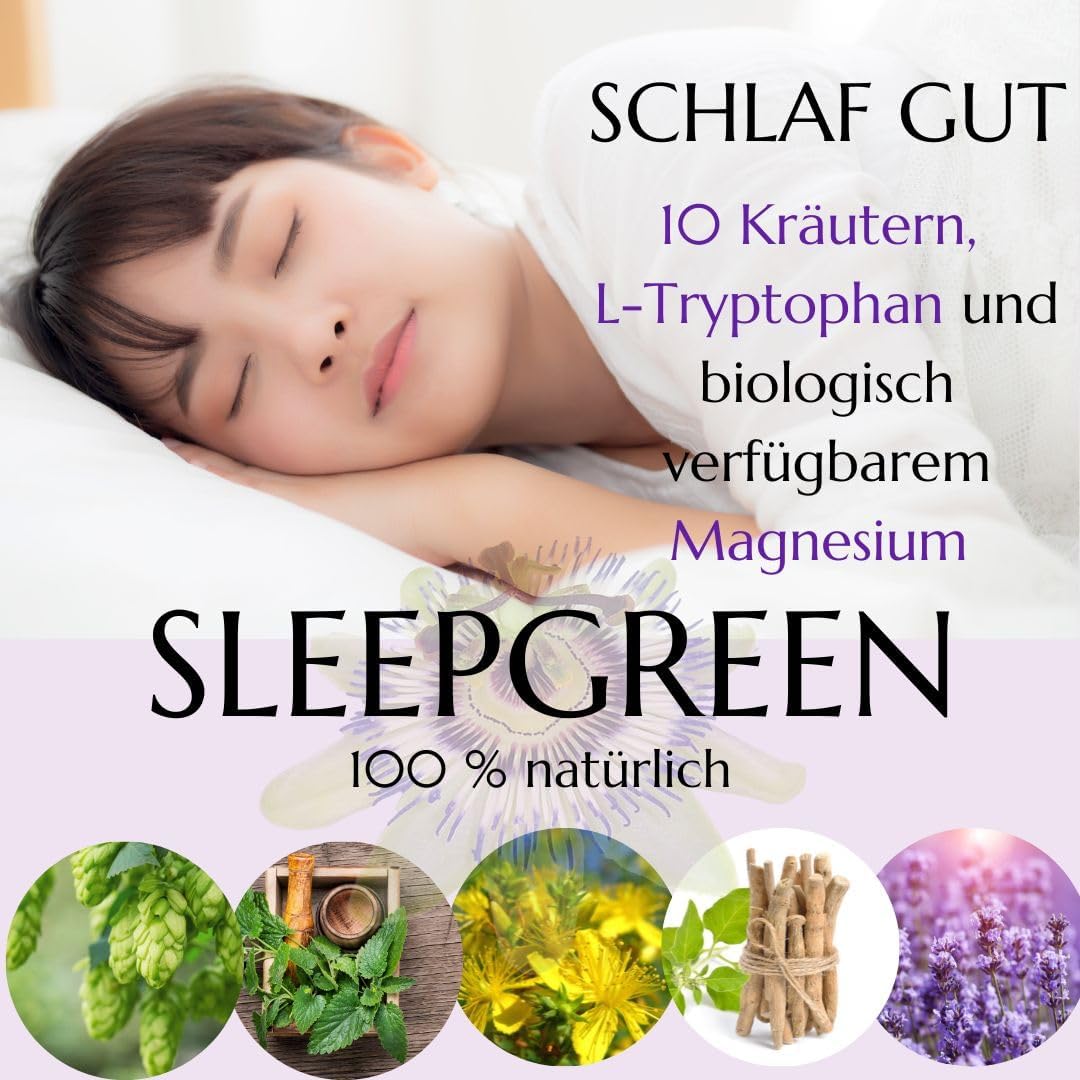 Schlaf-Magnesium mit Melatonin – Natürlich einschlafen & durchschlafen – Green idea - SLEEPGREEN Sleeping Tablets Better Sleep - Ashwagandha, St. John's Wort, L-Tryptophan, Valerian, Hops - No Melatonin - Sedative Human - Sleep Aid Adult 90 Kaps – Bild 2