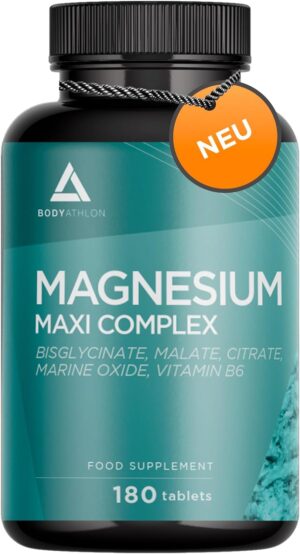 Magnesium Komplex mit B6 & Zink โ Magnesium Complex | 4 Magnesium + Vitamin B6 - Magnesium Bisglycinate + Magnesium Malate + Magnesium Citrate + Magnesium Oxide - 180 Tablets - Laboratory Tested - Vegetariano, High Dose Bodyathlon