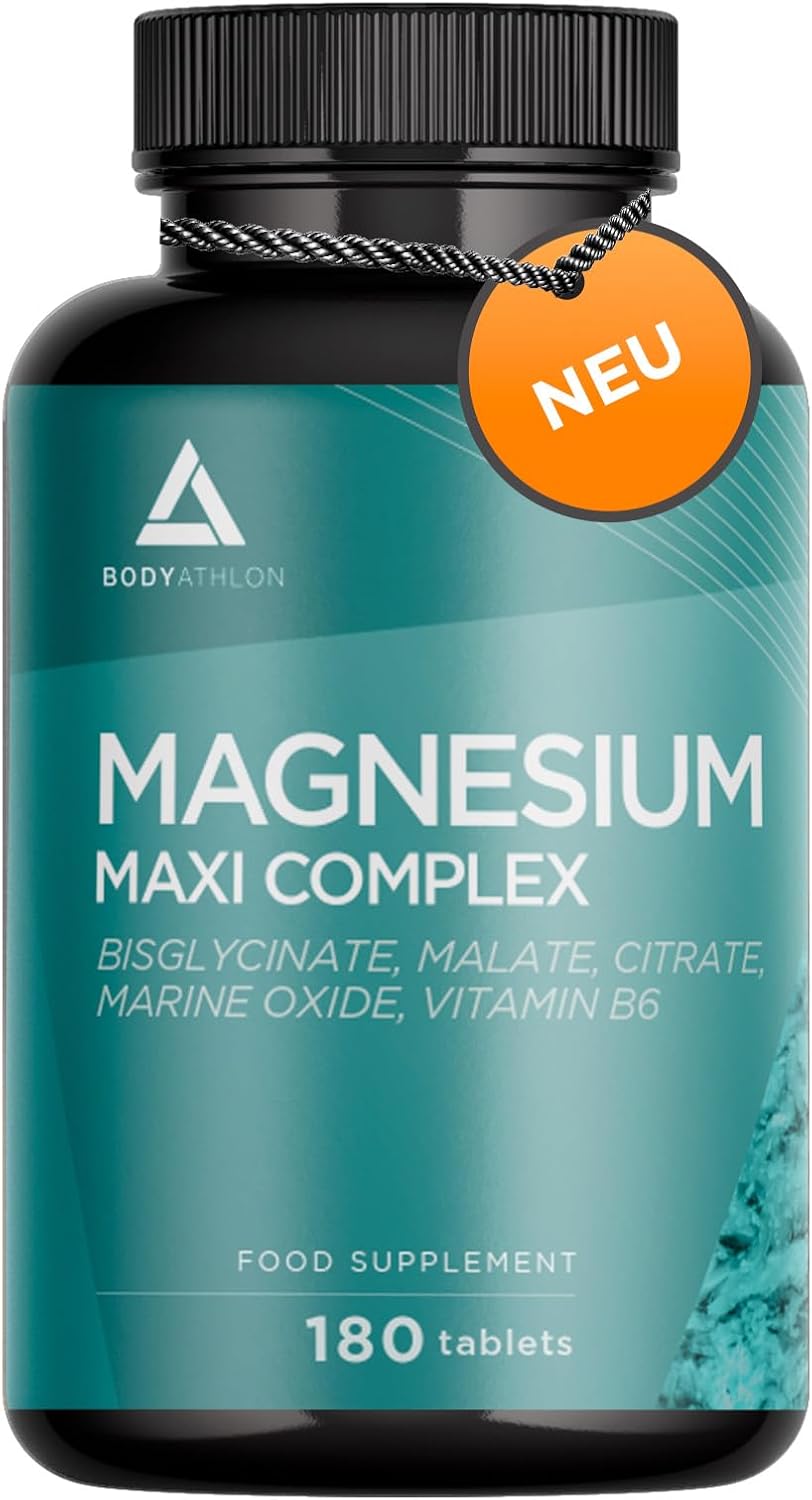Magnesium Komplex mit B6 & Zink – Magnesium Complex | 4 Magnesium + Vitamin B6 - Magnesium Bisglycinate + Magnesium Malate + Magnesium Citrate + Magnesium Oxide - 180 Tablets - Laboratory Tested - Vegetariano, High Dose Bodyathlon