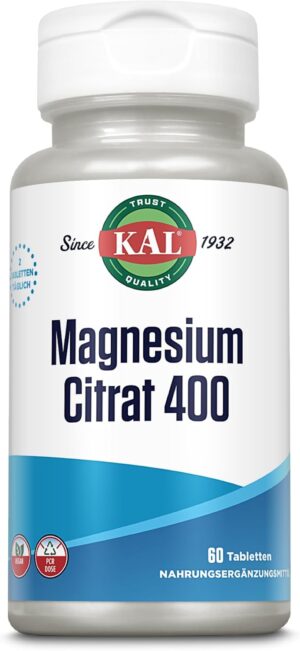 Magnesium 400 mg – KAL Magnesium Citrate 400 mg 60 Tablets Vegan Laboratory Tested Dietary Supplement with Magnesium Energy Production of the Body Healthy Function of Nerves and Muscles 13455 White 7.5 kg (Pack of 1)