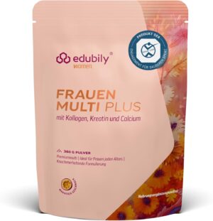 Magnesium Komplex mit B6 & Zink โ edubily nutrition Women's Multi Plus - Multivitamin & Mineral Drink for Women - With Calcium, Magnesium, Zinc, Vitamin D & B Vitamins, Creatine, Q10 & Collagen - Sugar Free - 360 g (Passion Fruit)