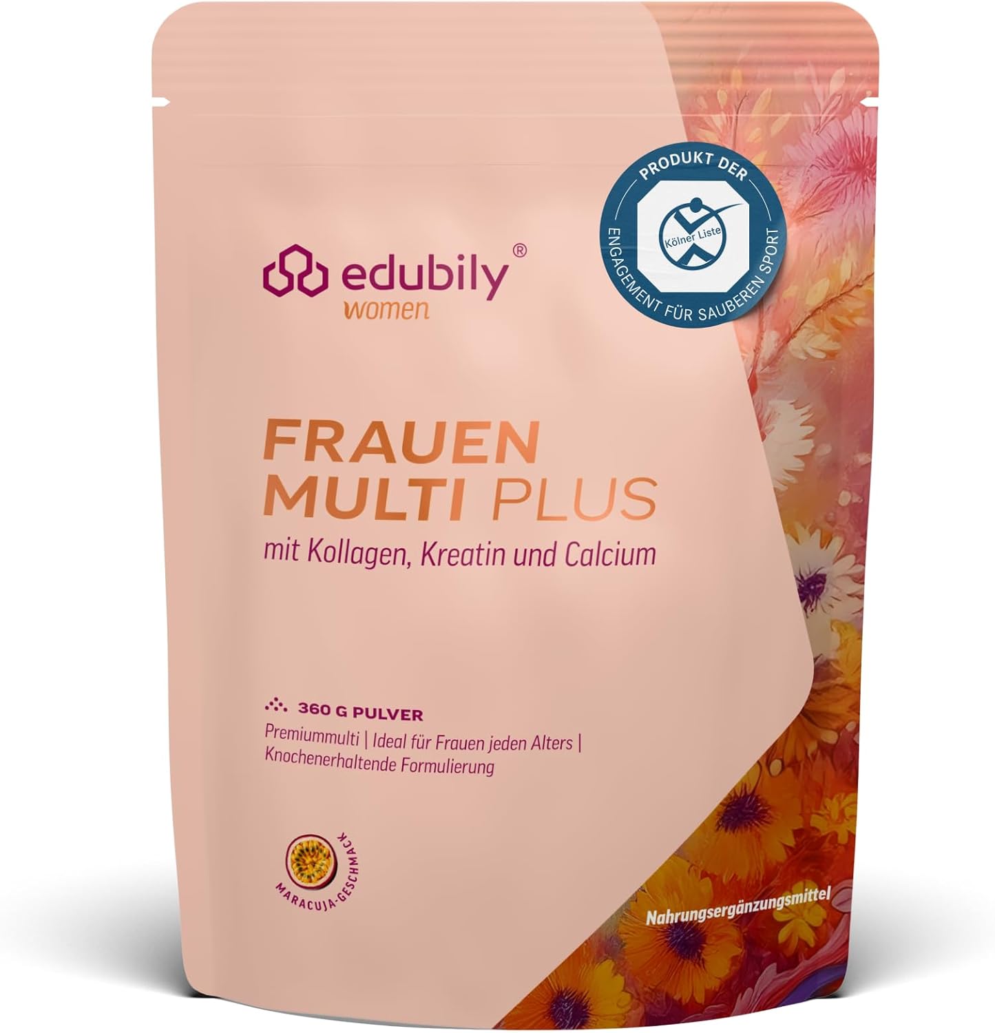 Magnesium Komplex mit B6 & Zink – edubily nutrition Women's Multi Plus - Multivitamin & Mineral Drink for Women - With Calcium, Magnesium, Zinc, Vitamin D & B Vitamins, Creatine, Q10 & Collagen - Sugar Free - 360 g (Passion Fruit)