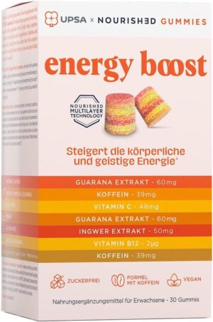 Magnesium 600 mg – UPSA X NOURISHED Gummies 7-in-1 Energy Dietary Supplement for Body & Mind - Iron, Vitamins C, B12, E, D, Zinc & Ginger - Sugar Free & Vegan - Fruity Taste - 1 Month Treatment - 30 Gummies