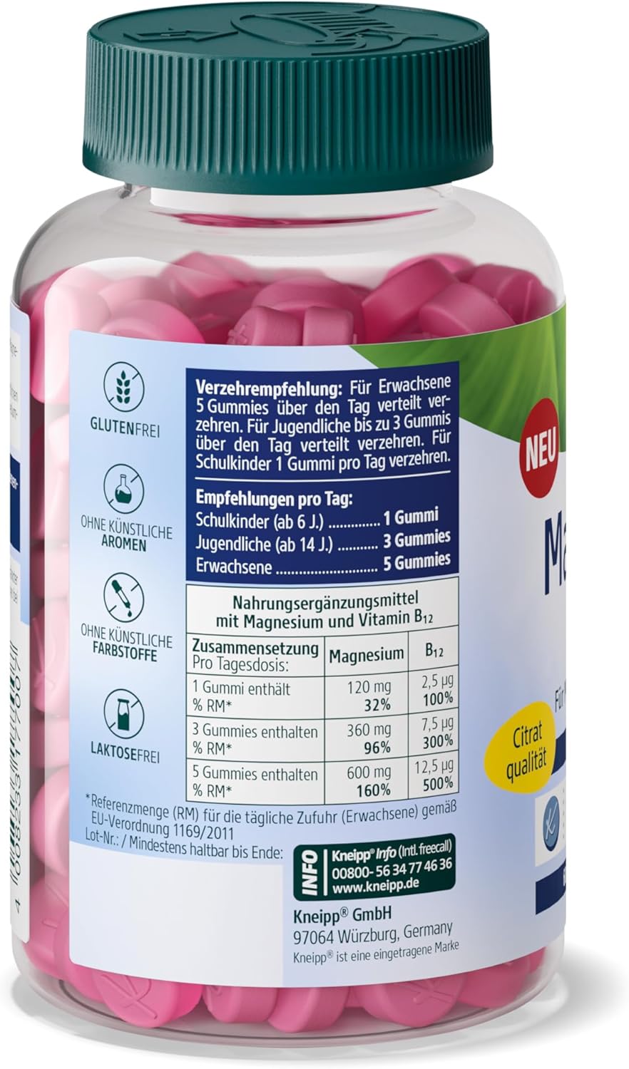 Magnesium 600 mg – Kneipp Magnesium + B12 Gummies - Citrate Quality - For Muscles, Energy and Nerves - Vegan - Pack of 60 – Bild 2