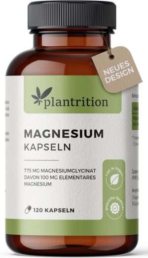 Magnesium Komplex mit B6 & Zink – plantrition Magnesium capsules 100 mg elemental Magnesium glycinate per capsule - high dose Magnesium bisglycinate - 120 vegan capsules