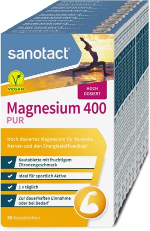 Magnesium 400 mg – sanotact Magnesium 400 (10 x 30 chewable tablets), high dose magnesium for muscles and nerves, 400 mg magnesium with immediate effect, 100% vegan, magnesium carbonate and magnesium oxide